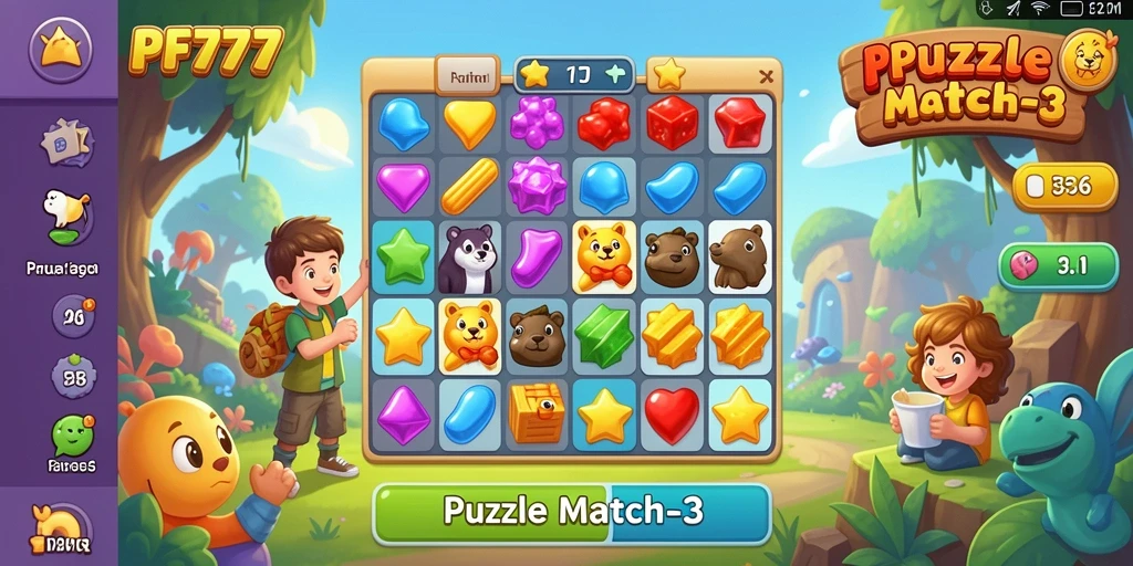 Tampilan antarmuka <strong>PF777</strong> yang warna-warni dan menarik saat menyelesaikan puzzle Match-3.