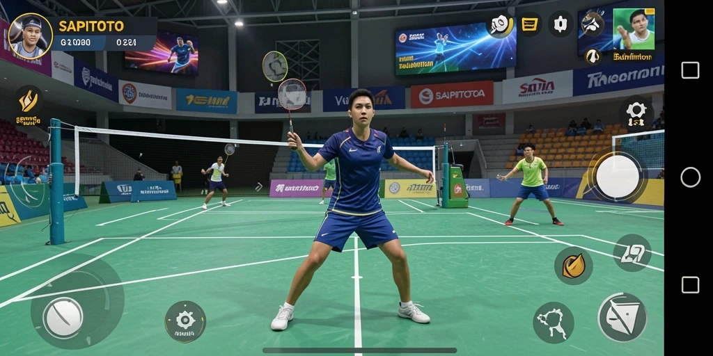Tampilan screenshot utama SAPITOTO menampilkan aksi badminton yang dinamis dan menarik.