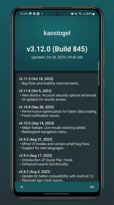 Riwayat versi kaostogel untuk pengguna Android.